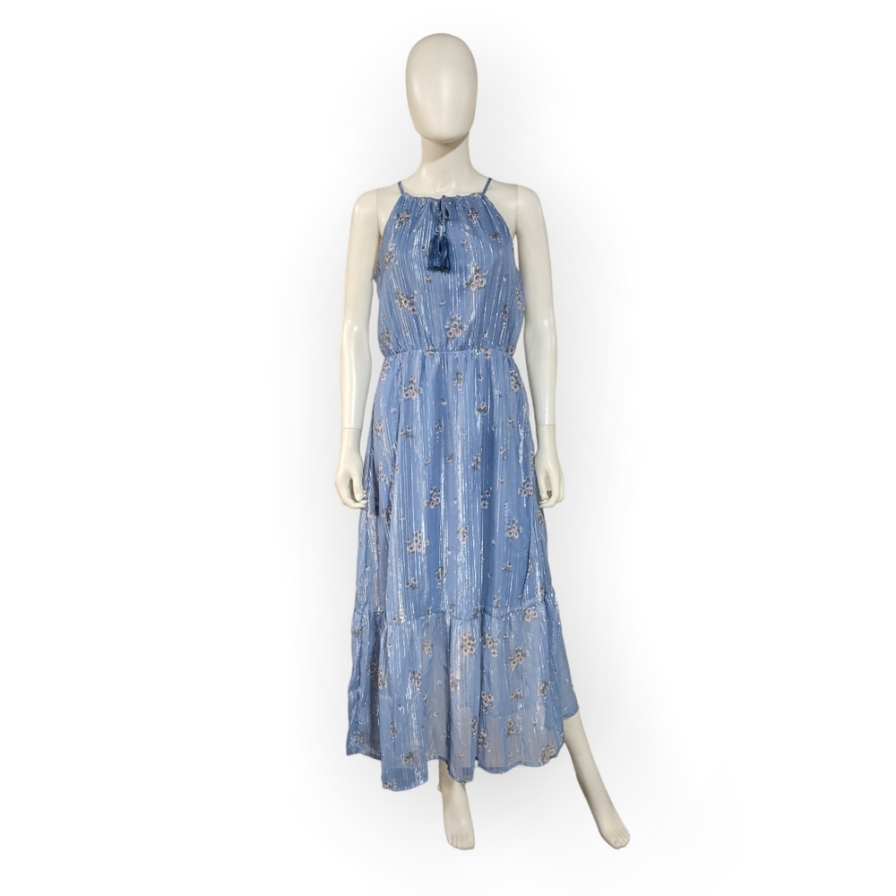 Harlow & Rose Tie Neck Tiered Blue Midi Dress, Medium